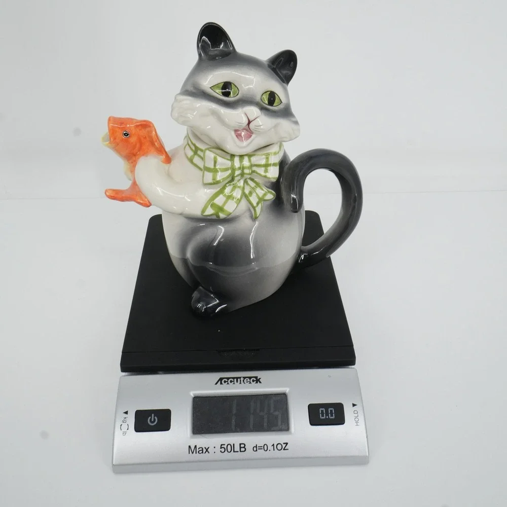 Cat Teapot Black Kitsch Whimsical Fish Spout Ceramic Tuxedo Tea Party Decor